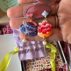 Viral haricot vert custom earrings- brand new! Quirky art teacup and tart